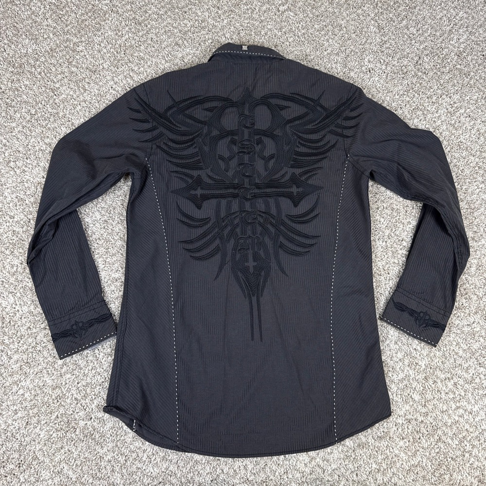 Roar Shirt Mens Medium Black Embroidered Tribal Y2K Biker Esteem MMA Button Up